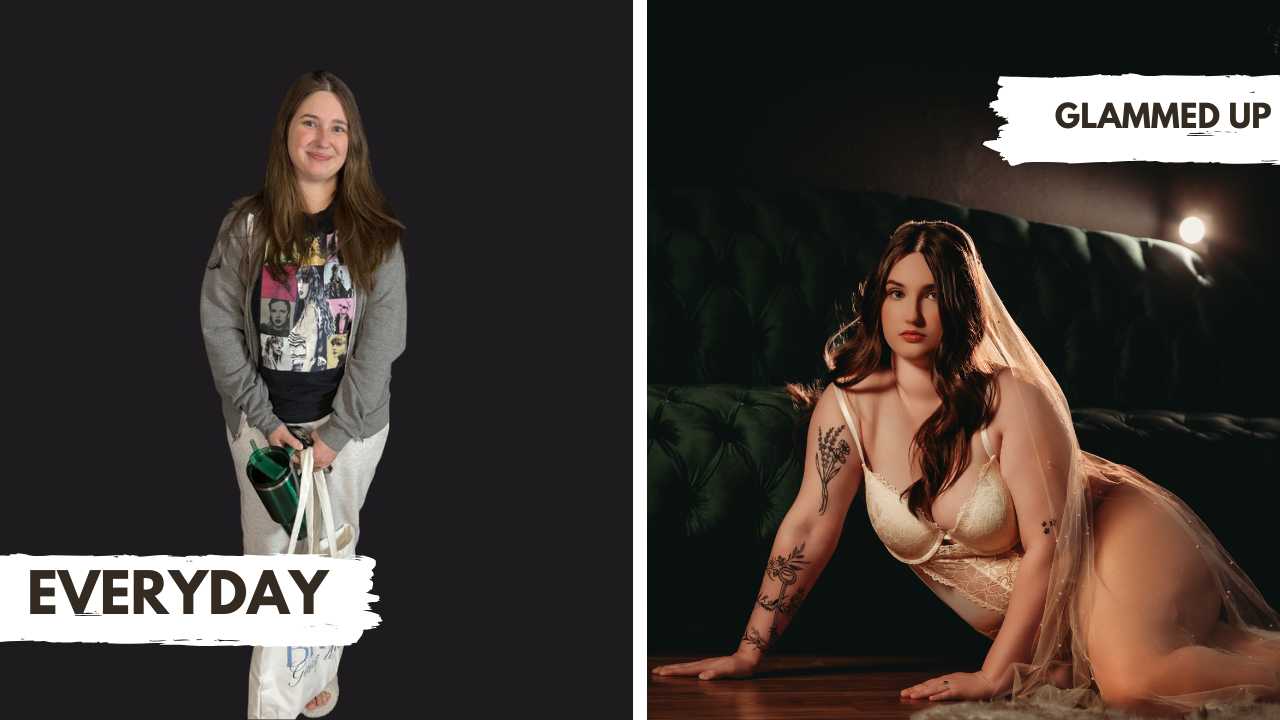 Before and after transformation from everyday look to glamorous bridal boudoir portrait during Chloe’s Indulge Collection session with Purdy K Photo in Cottage Grove, Oregon.